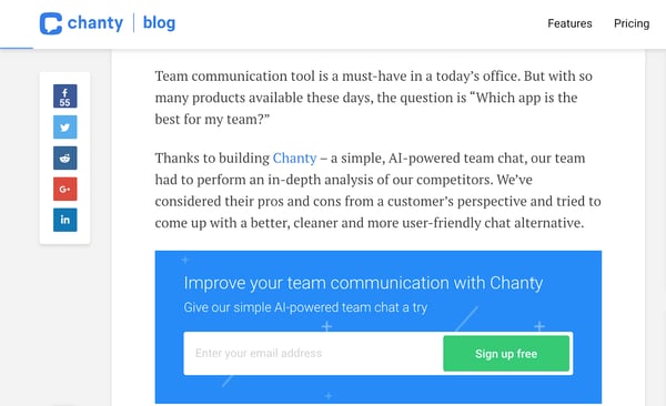 Chanty includes CTAs in blog post.